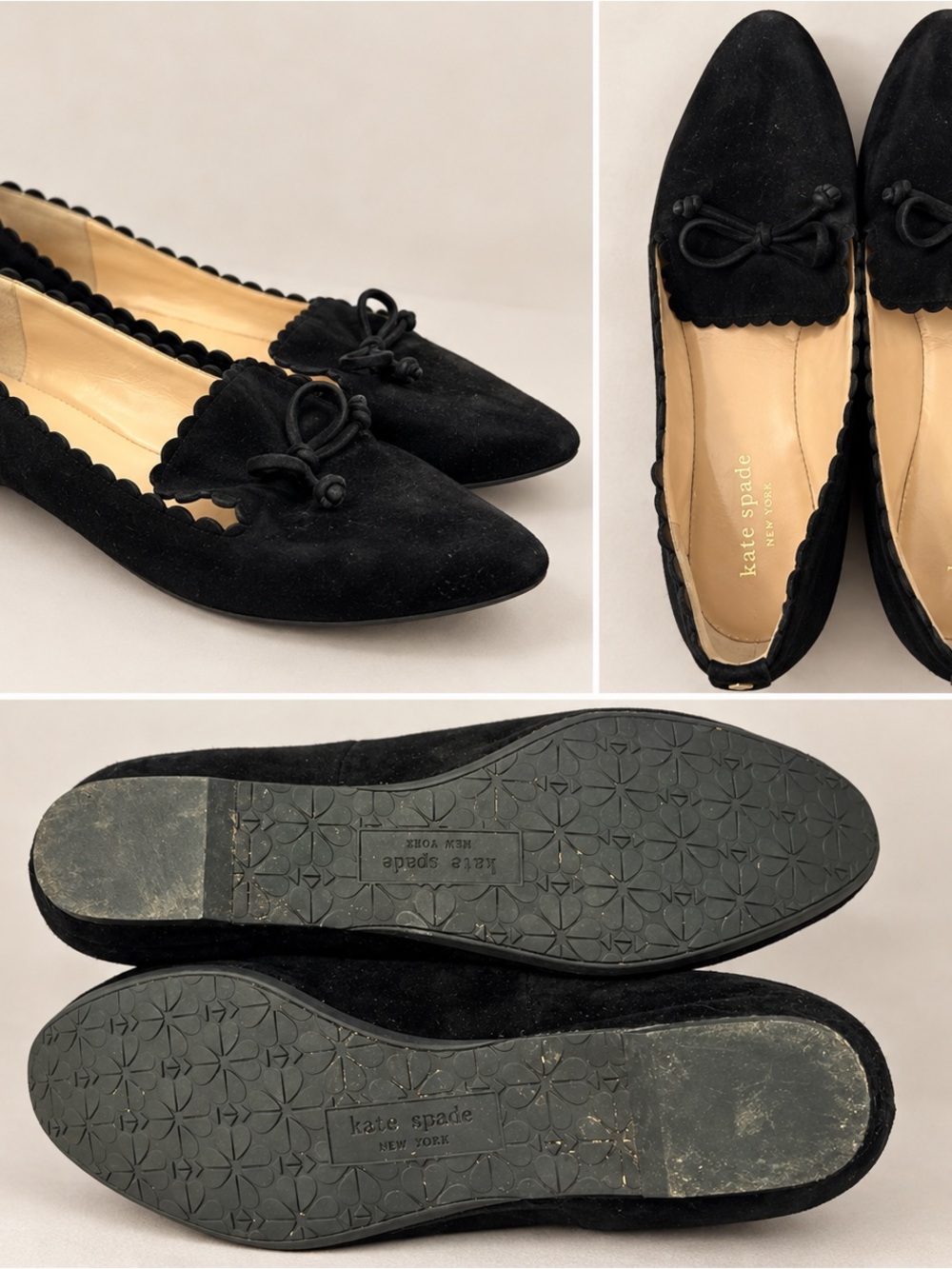 kate spade Black Suede Scalloped Ballet Flats with Gold Spade Accent